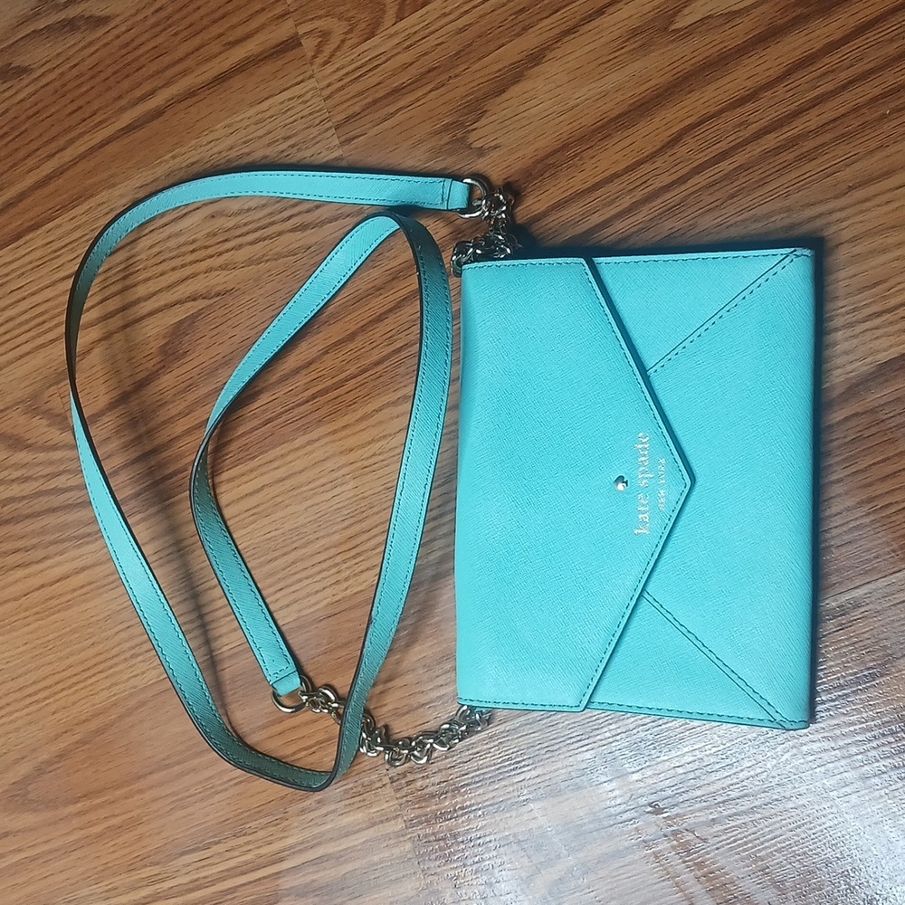 Kate Spade Envelope Crossbody Bag Womens Small Turquoise Blue Saffiano Leather